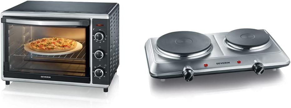 SEVERIN Oven and Toast Oven with Convection Function, Mini Oven with Grill Rack, Baking Tray, 1,800 W, Black, TO 2058 & Double Hotplate for Kitchen, Office or Camping, Stainless Steel, 2,500 W, KP