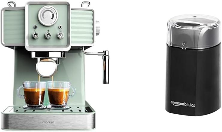 Cecotec Express Power Espresso 20 Traditional Light Green, 1350 W & Amazon Basics Electric Coffee Grinder, Black