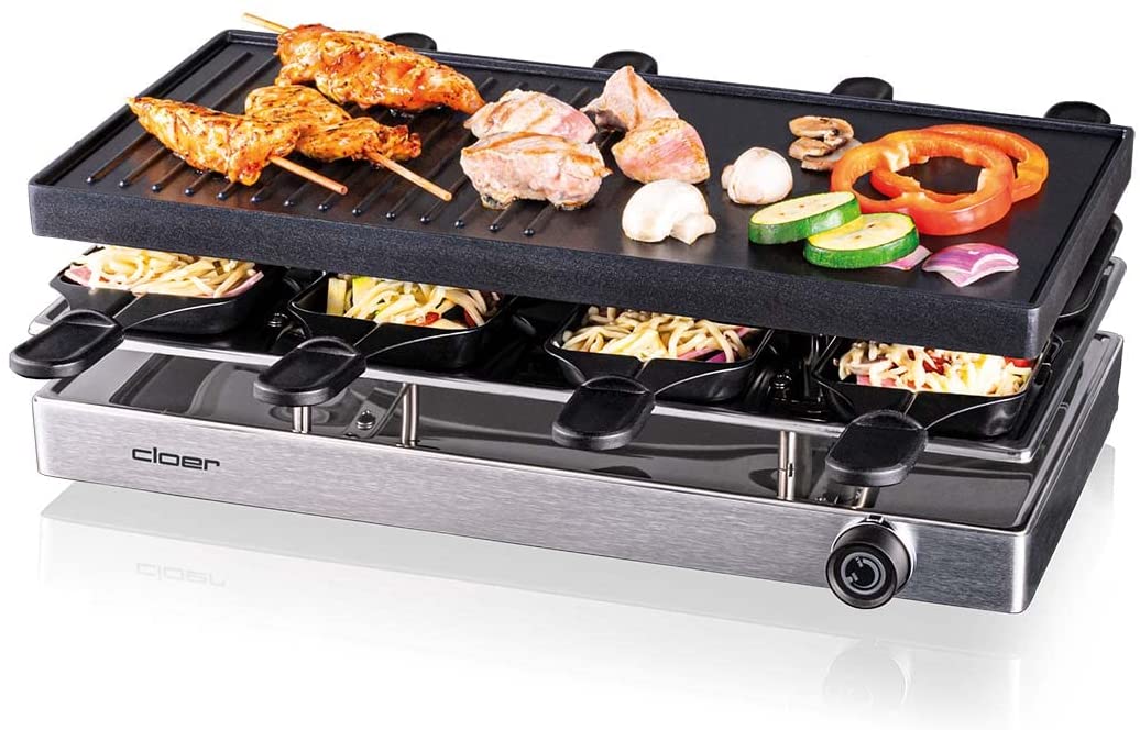 Cloer 6458 Raclette Grill Die-Cast Plate, 1200 W, 8 Non-Stick Raclette Pans