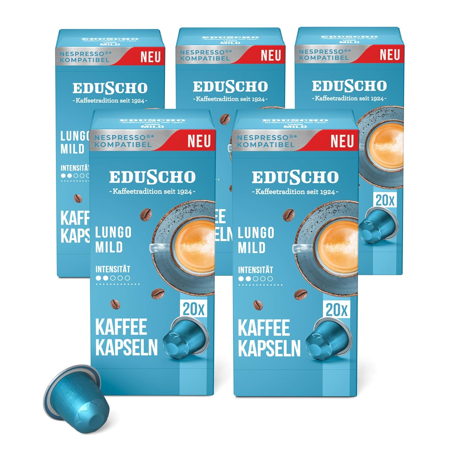 Tchibo Eduscho Storage Box Lungo Mild Coffee Capsules, Pack of 100 (5 x 20 Coffee Capsules), Compatible with Nespresso, Mild Roasting, Gentle and Harmonious Taste, Sustainable & Fair Trade