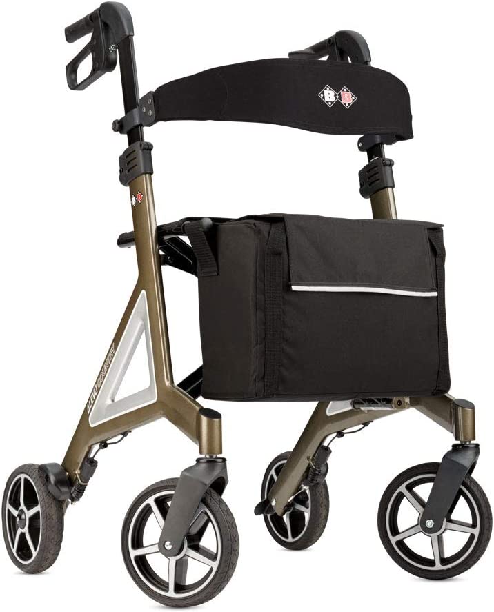 Rehameister Bischoff & Bischoff Alevo Country Folding Rollator - Off-Road Rollator for Indoor and Outdoor Use Walker with Profile Tyres and Removable Bag, Seat Height 51 cm, Platinum