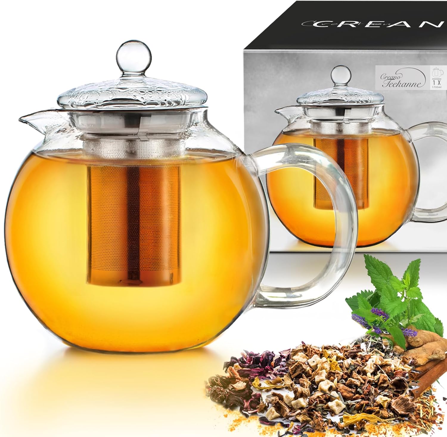 Creano Glass Teapot 1.7 L 3-Part Tea Maker with Integrated Stainless Steel Strainer and Glass Lid, Ideal for Making Loose Teas, Drip Free, All-in-One