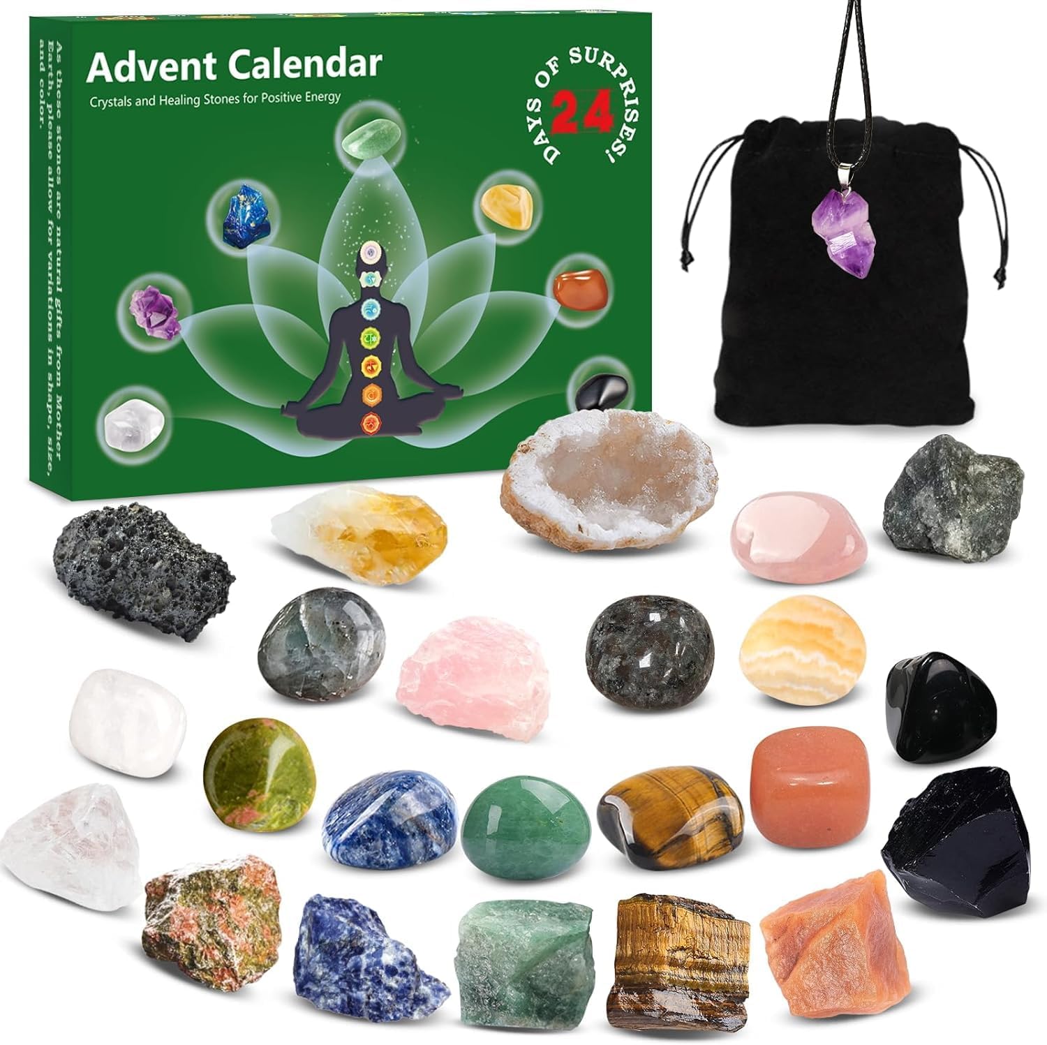 Advent Calendar 2025 Gemstones - 24 Days Christmas Calendar with Chakra Crystals Stones Set, Christmas Spiritual Gift for Women and Children & Crystal Lovers
