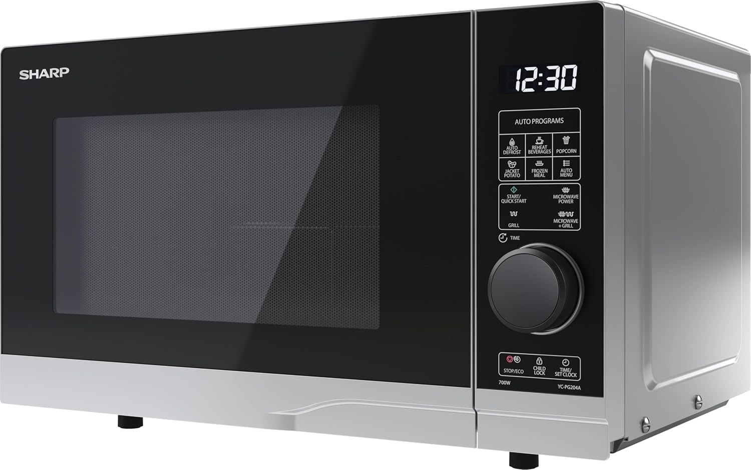 Sharp Microwave YC-PG204AE-S with Quartz Grill 20L, Silver, 700W Microwave, 900W Grill, Semi-Digital Control