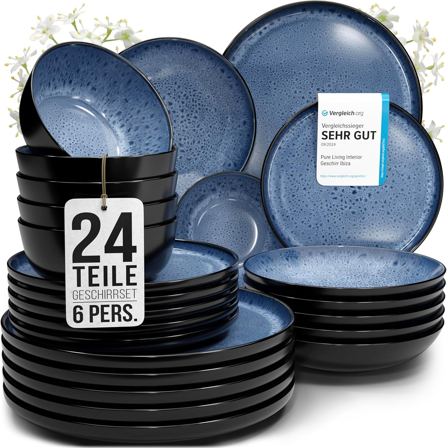 Pure Living Ibiza Stoneware Crockery Set for 6 People, 24-Piece Mediterranean Stoneware Tableware Set, ‘Very Good’ in Test, Bowl and Plate Set, Dinner Service for 6 People, Deep Blue