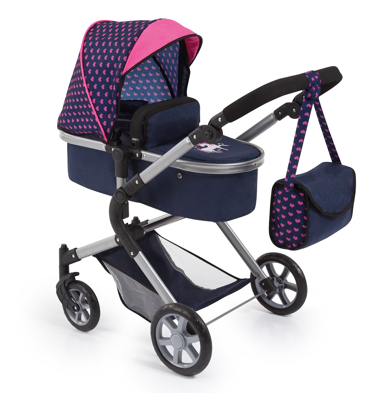 Bayer Design City Neo 18154AA Doll\'s Pram with Changing Bag and Shopping Basket / Can be Converted into a Sports Pram / Height-Adjustable / Design: Hearts, Unicorn, Dark Blue, Pink
