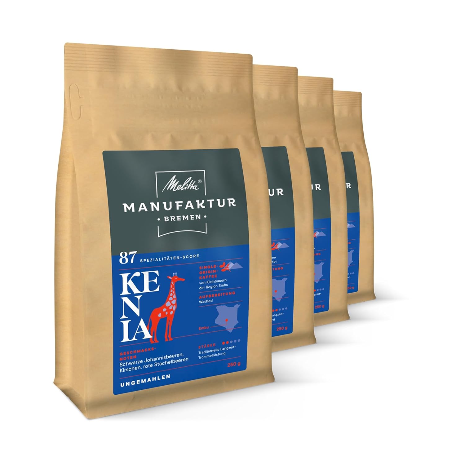 Melitta Kenya Specialty Coffee 4 x 250 g, Whole Coffee Beans, Unground, Single Origin Coffee, Gentle Drum Roasting, Roasted in Germany, Strength 2, in Tray