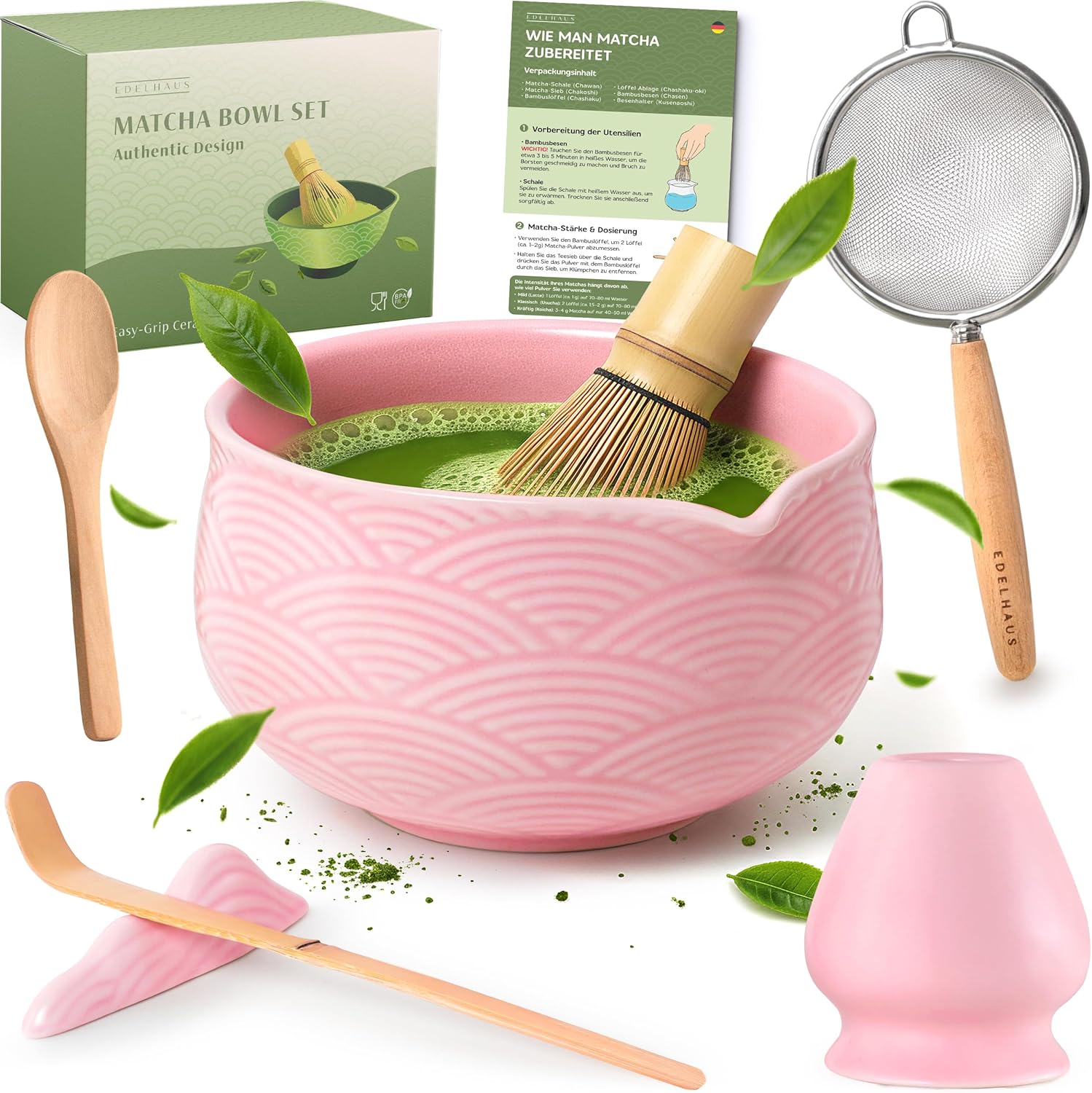 Matcha Set (7 Pieces) Matcha Bowl with Broom, Strainer, Spoon - Unique Design Ceremonial Grade Matcha Tea Set (Pink)
