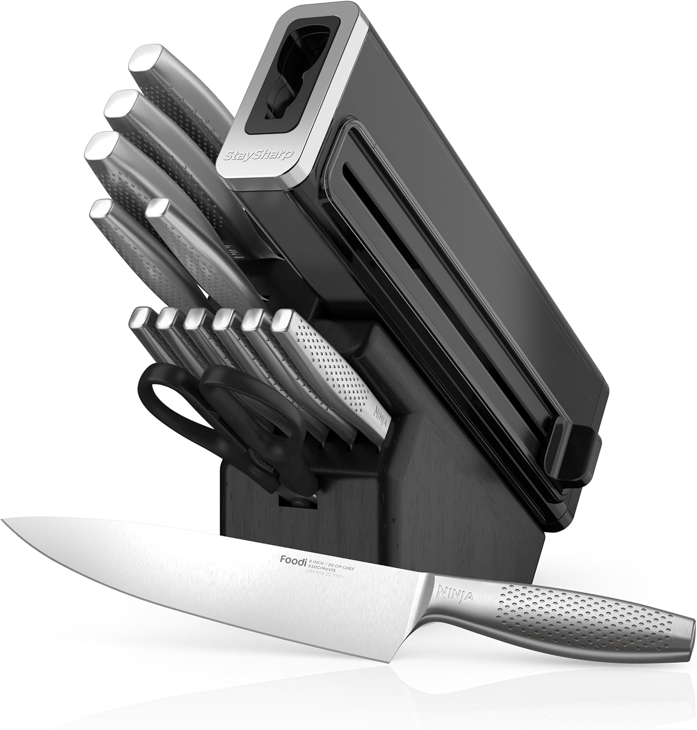 Ninja StaySharp K62014EUUK 14-Piece Stainless Steel Knife Set, Charcoal Wood Block & Integrated Knife Sharpener