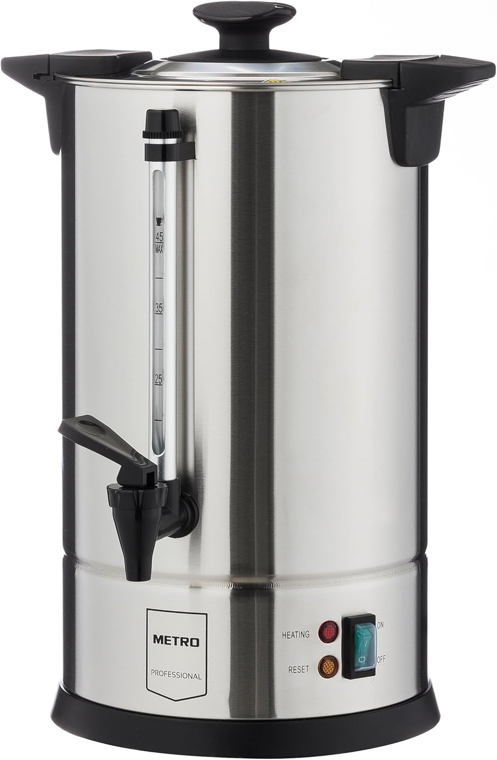 METRO Professional GCM4007 Coffee Machine, 6.75 Liters, 45 Cups, 950 W, with Filter, Keep Warm Function, Overheating Protection, Level Indicator, Cool Outer Wall, Lid Closure, Silver