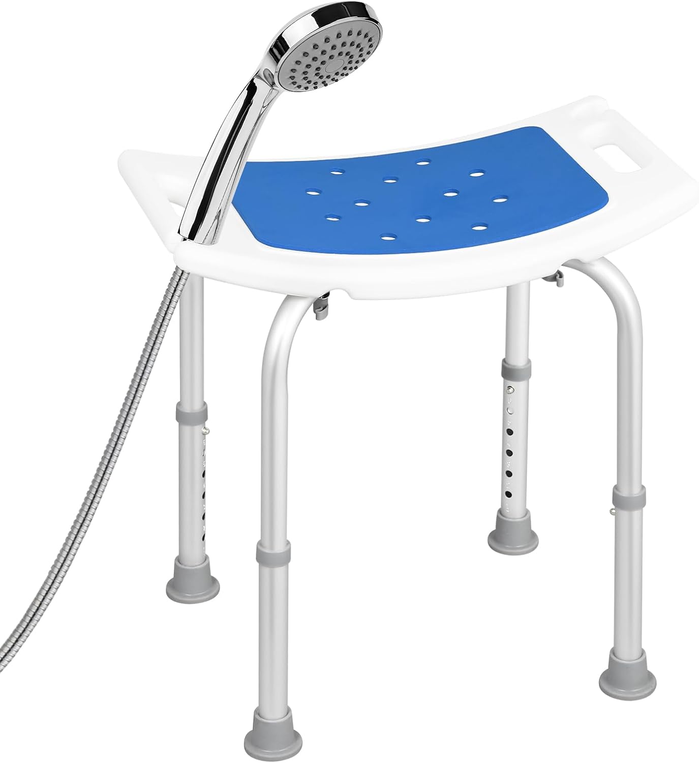 EUGAD Store EUGAD Shower Stool Height Adjustable Shower Chair Non-Slip Feet Handles Shower Seat Bath Seat with Shower Head Holder for Seniors Pregnant Women Aluminum Plastic 40-53.5 cm White Blue
