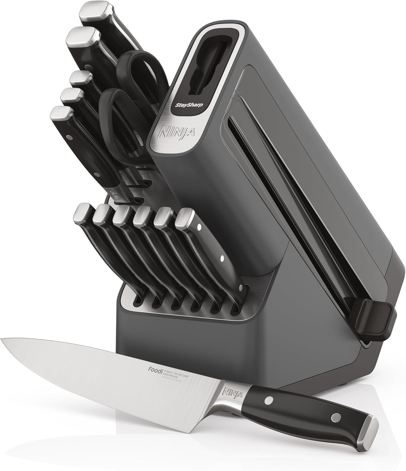 Ninja Foodi StaySharp K32014EUUK Knife Block with Integrated Sharpener, Deluxe Set, 14 Pieces, Black