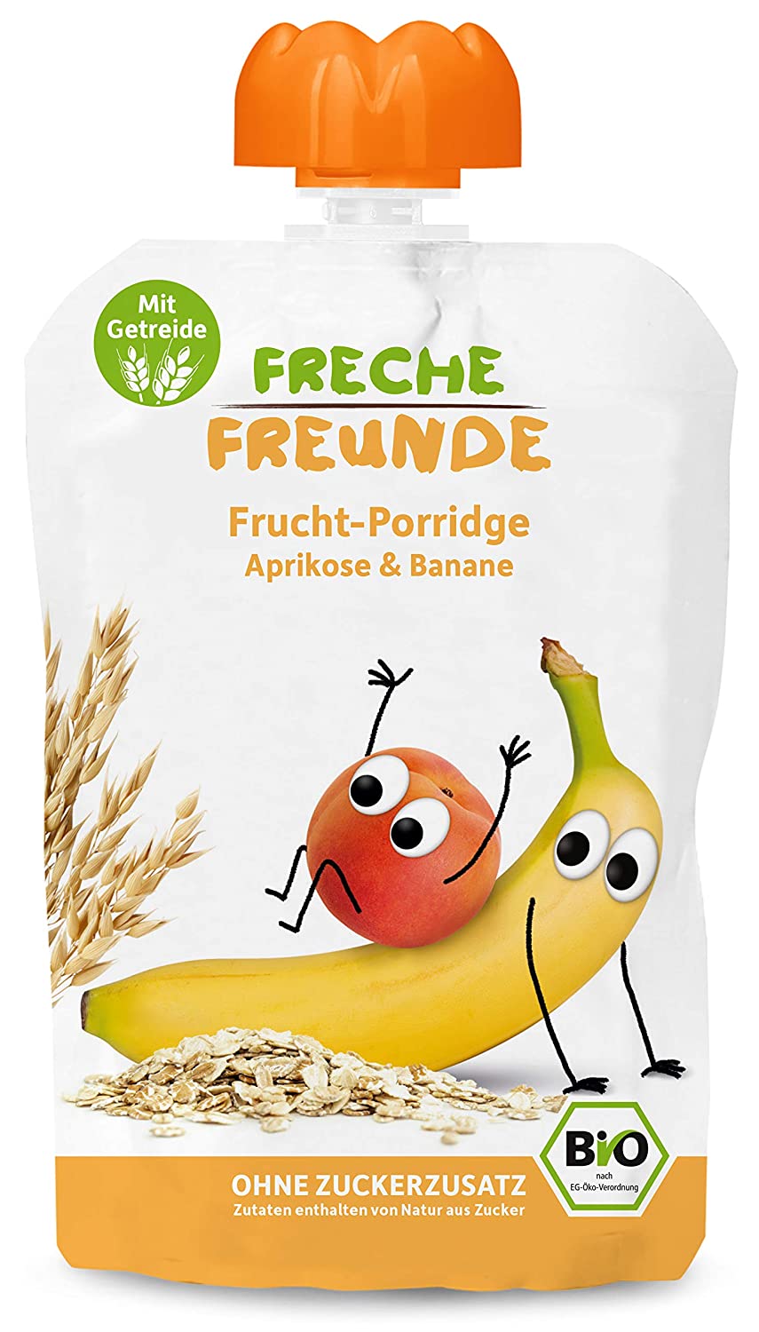 FRECHE FREUNDE Bio Quetschie Frucht-Porridge Aprikose & Banane, Fruchtmus mit Hafer & Reis im Quetschbeutel für Babys ab dem 6. Monat, vegan, 6er Pack (6 x 100 g)