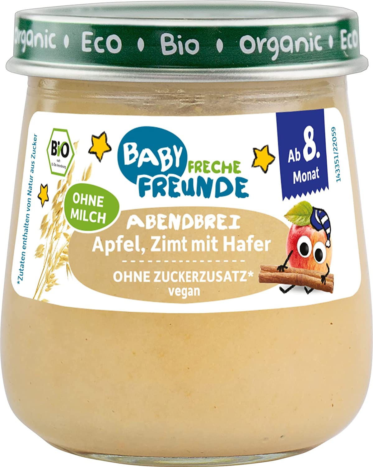 BABY FRECHE FREUNDE Bio Gläschen Abendbrei Apfel, Zimt mit Hafer, für Babys ab 8 Monaten, ohne Zucker- und Salzzusatz, vegan, 6er Pack (6x120g)