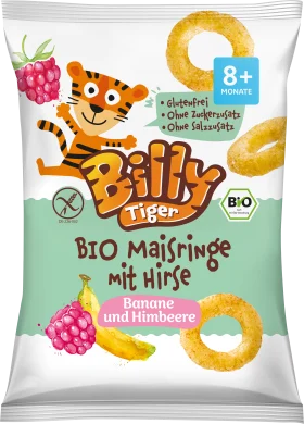 Billy Tiger Children's snack corn rings with millet, banana and raspberry, from 8 months, 25 g