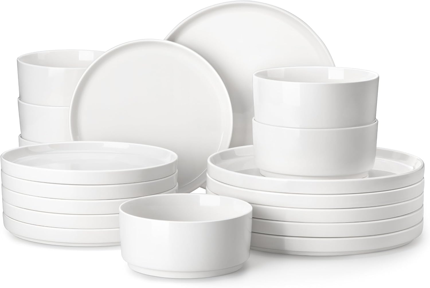 MALACASA Leah Modern Crockery Set for 6 People, 18-Piece Dinner Service with Standing Rim Made of Porcelain Including 6x Dinner Plates, Dessert Plates, Soup Bowls, Modern White Bowl and Plate Set