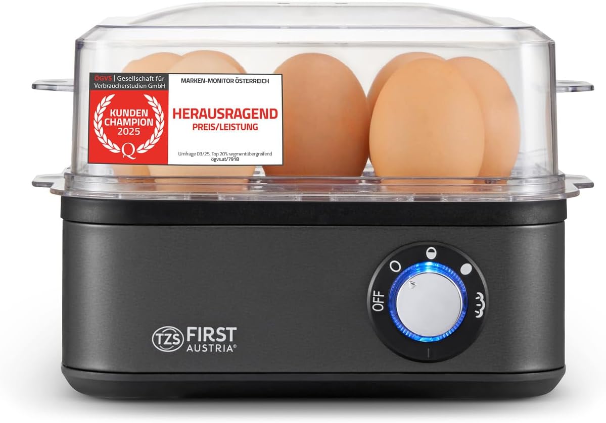 TZS First Austria Egg Cooker Gray - 8 Egg Capacity - 4 Cooking Levels Including Steamer Function - Automatic Shut-Off with Beep - Dry Boil Protection - Measuring Cup & Poaching Bowl - Compact