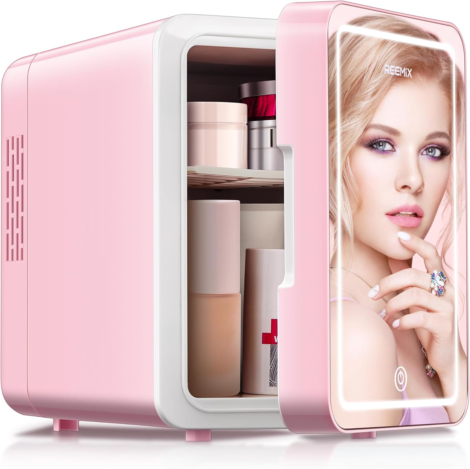 Mini Refrigerator, 6 Liters/9 Cans Portable Cooler and Warmer Personal Fridge for Skincare, Cosmetics, Drinks, Food, Ideal for Bedroom, Office, Car, Freon Free, Pink (Mirror)