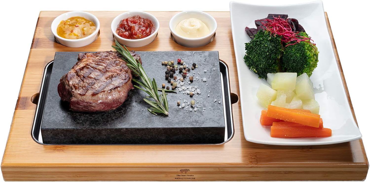 Hot Stone Lava Stone Steak Board Hot Stone Grill Set Made of Bamboo Board Lava Stone, Porcelain Plate and Stainless Steel Base Plate, Meat, Fish Grill on Hot Stone