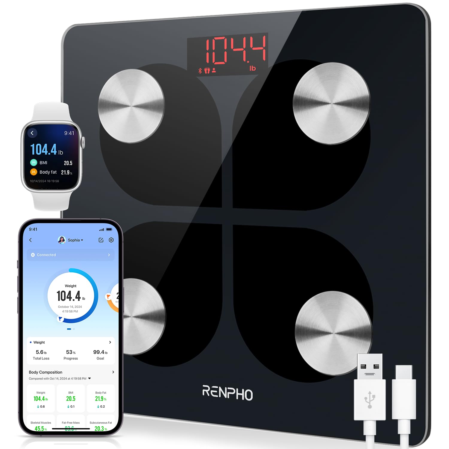 RENPHO Store Renpho Body Fat Scales Bluetooth Personal Scales USB Rechargeable Body Analysis Scales with App Smart Body Fat BMI Weight Muscle Mass Water Protein