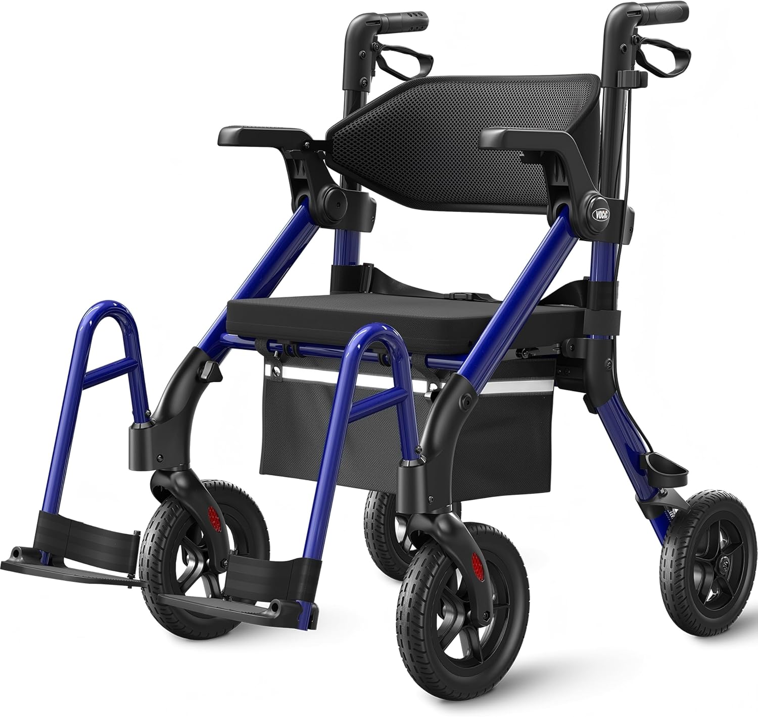 VOCIC Z55 Rollator Wheelchair Foldable and Lightweight with Seat, 2-in-1 Wheelchair Folding Rollators for Seniors, Outdoor Rubber Tires for All Terrain, Aluminum Walker Transport Chair, Dark Blue