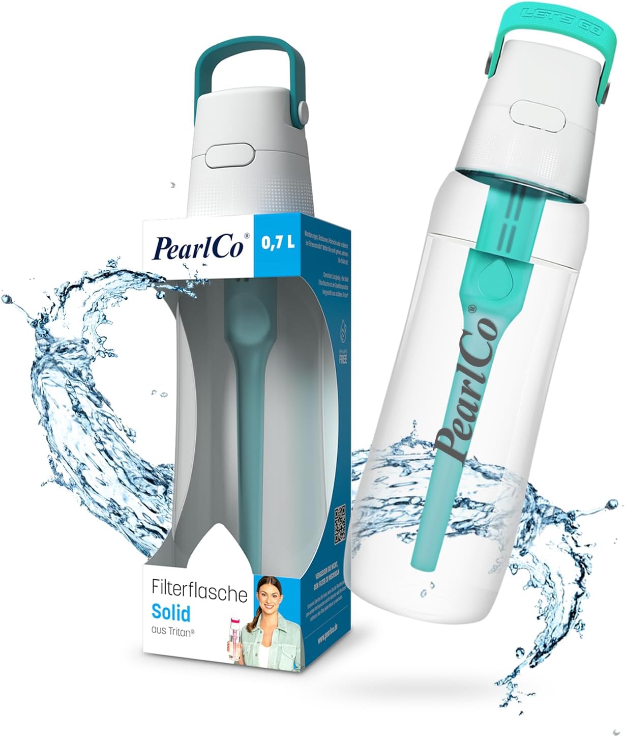 PearlCo Solid Water Bottle with Water Filter 0.7 Liters (Mint) | Filter Bottle BPA-Free | School, Sports, Water, Children, On the Go