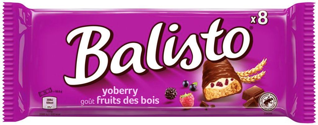 Balisto 389479, Snack bar, chocolate, 148 g, sugar, whole grain (19%) (whole oat flakes, whole wheat flour, whole barley flour), gelling agent..., 2118 kJ, 506 kcal