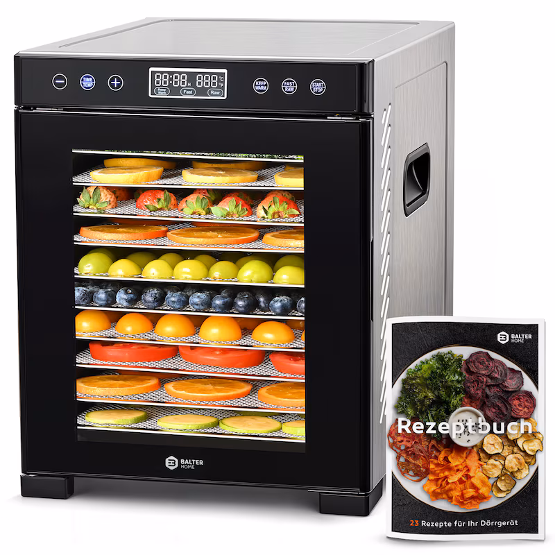 Balter Stainless Steel Food Dehydrator, 10 Trays, BPA-Free, 35°-75°C, Timer, Fruit Dryer, Keep Warm Function, Recipe Book