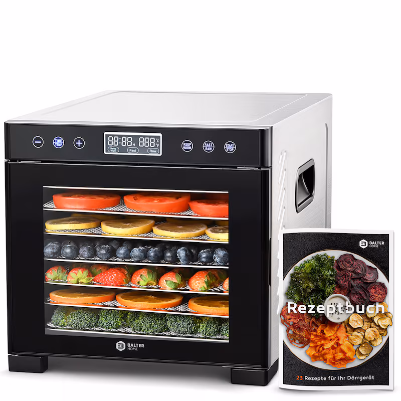 Balter Stainless Steel Food Dehydrator, 7 Trays, BPA-Free, 600 W, 35°–75°C, Timer, Fruit Dryer, Recipe Book