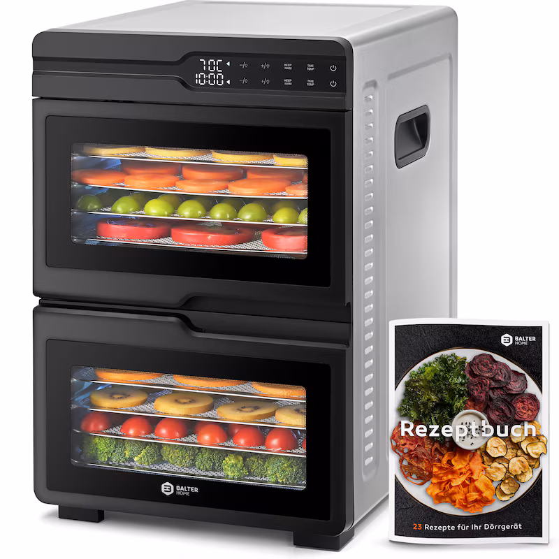 Balter Stainless Steel Food Dehydrator with 2 Chambers & 12 Trays, 1000 W, BPA-free, 35–75 °C, Timer, Keep Warm Function, Food Dryer, Dehydrator, Fruit Dryer