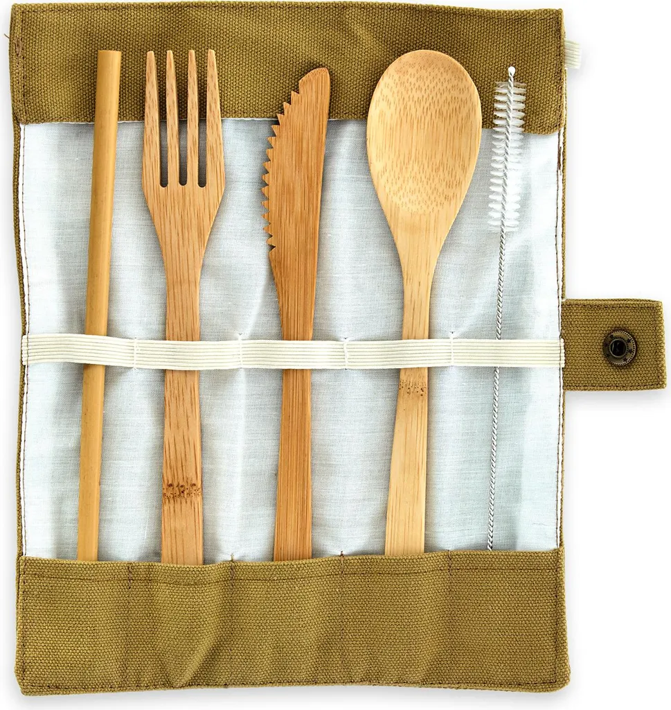 KLARSTEIN bambuswald© plastic-free cutlery (spoon, fork, knife & straws) made from 100% bamboo - ecological & reusable travel cutlery, party cutlery, barbecue cutlery incl. linen bag