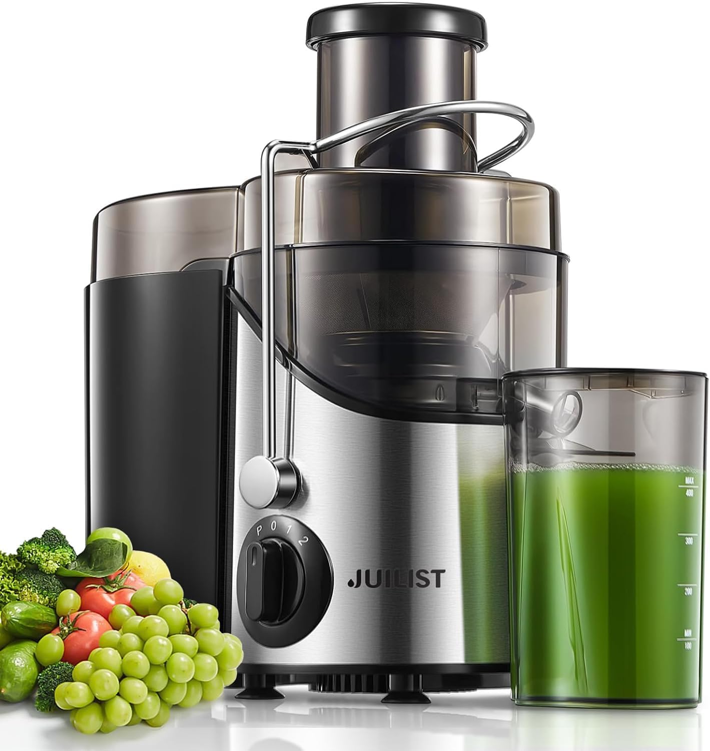 Juicer Vegetable and Fruit Made of Stainless Steel, 400 W Centrifugal Juicer, 65 mm Filling Opening and 3 Speeds, Includes Cleaning Brush, Easy to Clean, BPA-Free, Silver