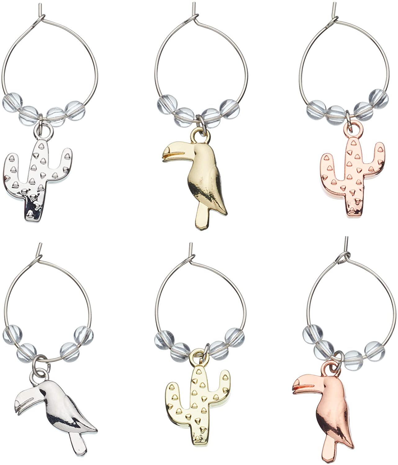 KitchenCraft BarCraft Set of 6 Toucan and Cactus Wine Glass Charms in Gift Box Zinc