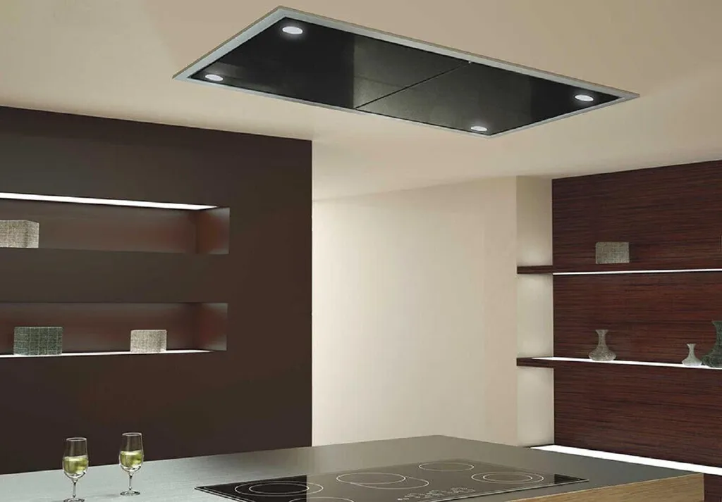 Baumann Carina 90s ceiling hood, 90cm black glass cooker hood, built-in