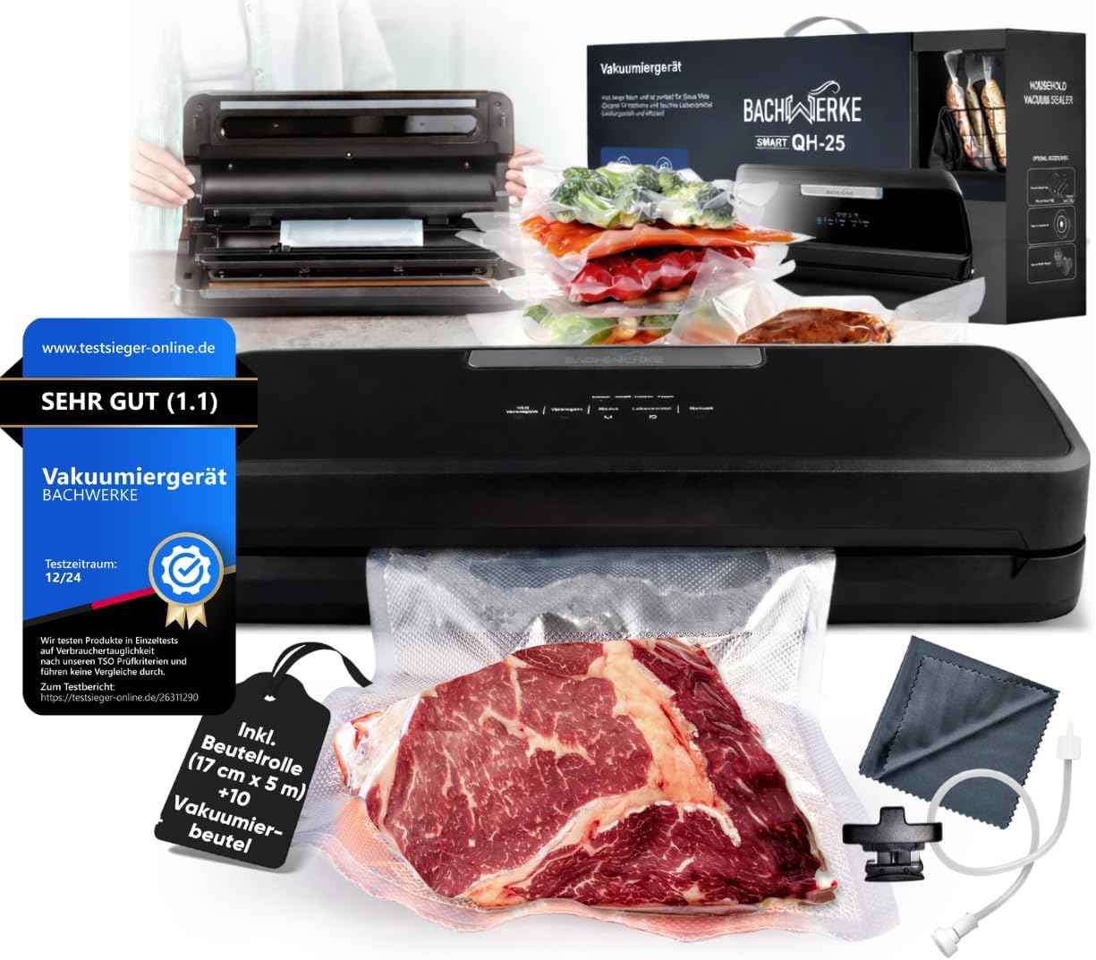 ° Vacuum Sealer + Replacement Cutter, 32 cm Weld Seam, Vacuum Sealer Vacuum Machine, Sealing Machine, Foil Sealing Machine, Vacuum Sealer for Food + Bag Roll + 10 x Vacuum Bags