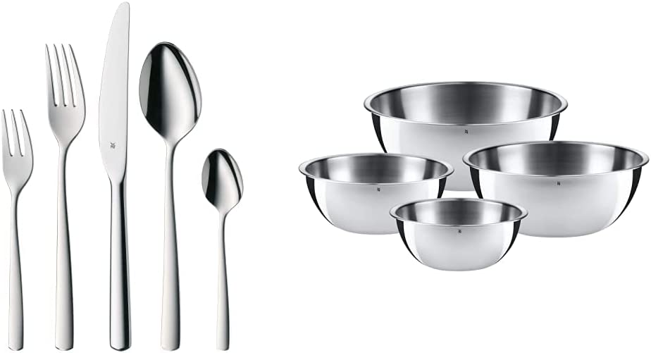 WMF Boston Cutlery Set for 12 People, Cutlery Set, 60 Pieces, Monobloc Knife, Polished Cromargan Stainless Steel & Gourmet Bowl Set, 4-Piece Stainless Steel Bowls for the Kitchen, 0.75 L - 2.75 L