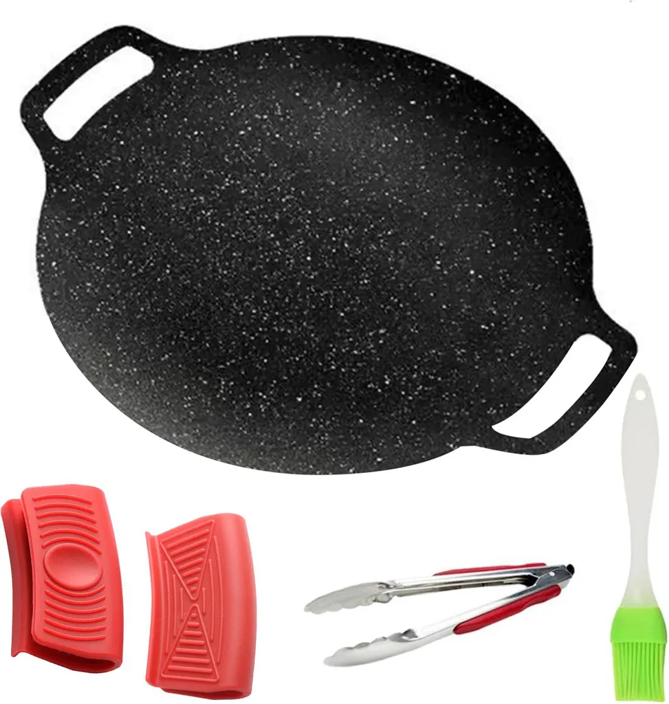 Hdvery Korean-style BBQ grill pan for the stovetop, non-stick round frying pan with handles, pancake pan for indoor cooking