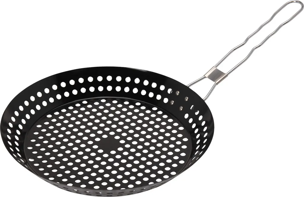 HAC24 BBQ Grill Pan Ø30 cm Grill Vegetable Pan Stainless Steel Perforated Pan Frying Pan Grill Basket Grill Tray With Folding Handle