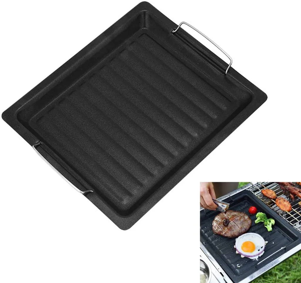 YZL BBQ griddle, grill pan, cooking pan, reversible cast iron pizza plate, universal gas grill accessory, for outdoor camping, 25 x 30 cm, black