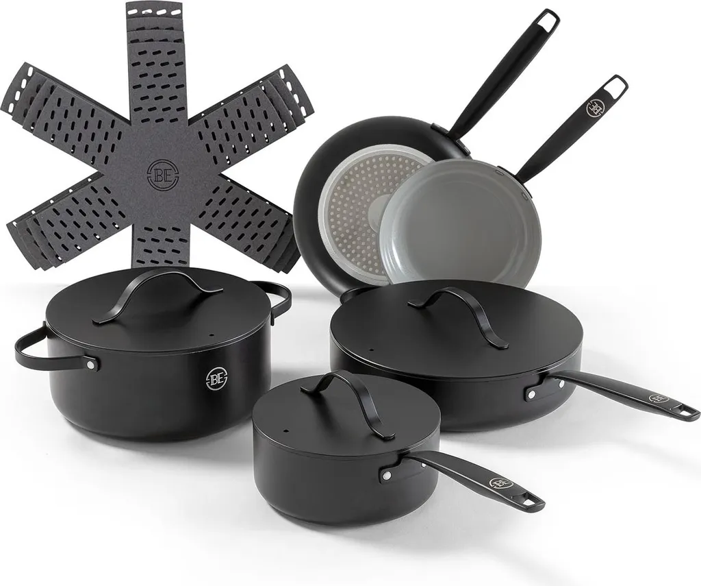 Megaprojects B.V. BE Living 12-piece frying pan set - induction compatible - non-stick coating - suitable for all hob types - heat-resistant handles - includes frying pan, saucepan & stockpot - black