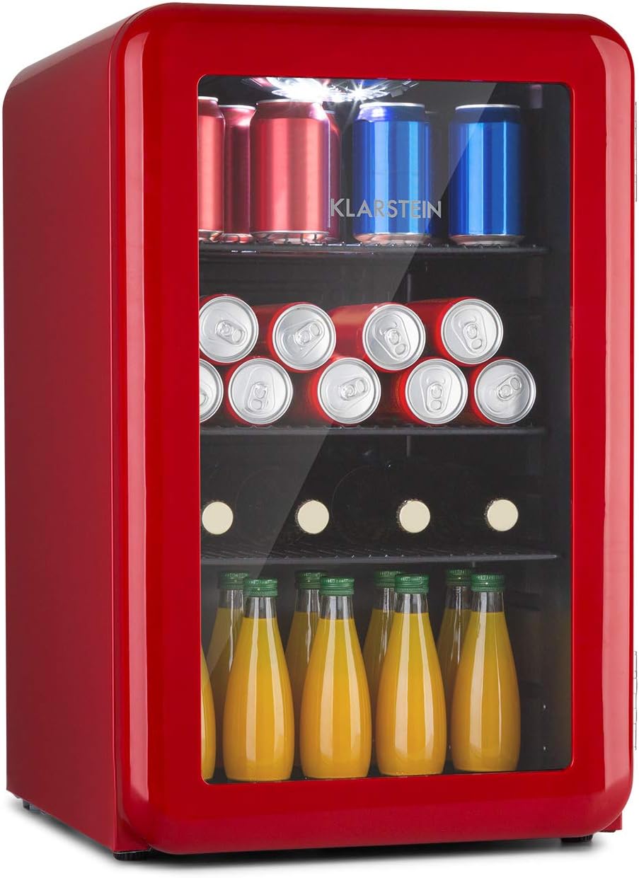 Klarstein PopLife Drink Cooler Mini Bar Retro Fridge 0-10°C Only 39dB 70L Eco Friendly Double Glazed Door Retro Red