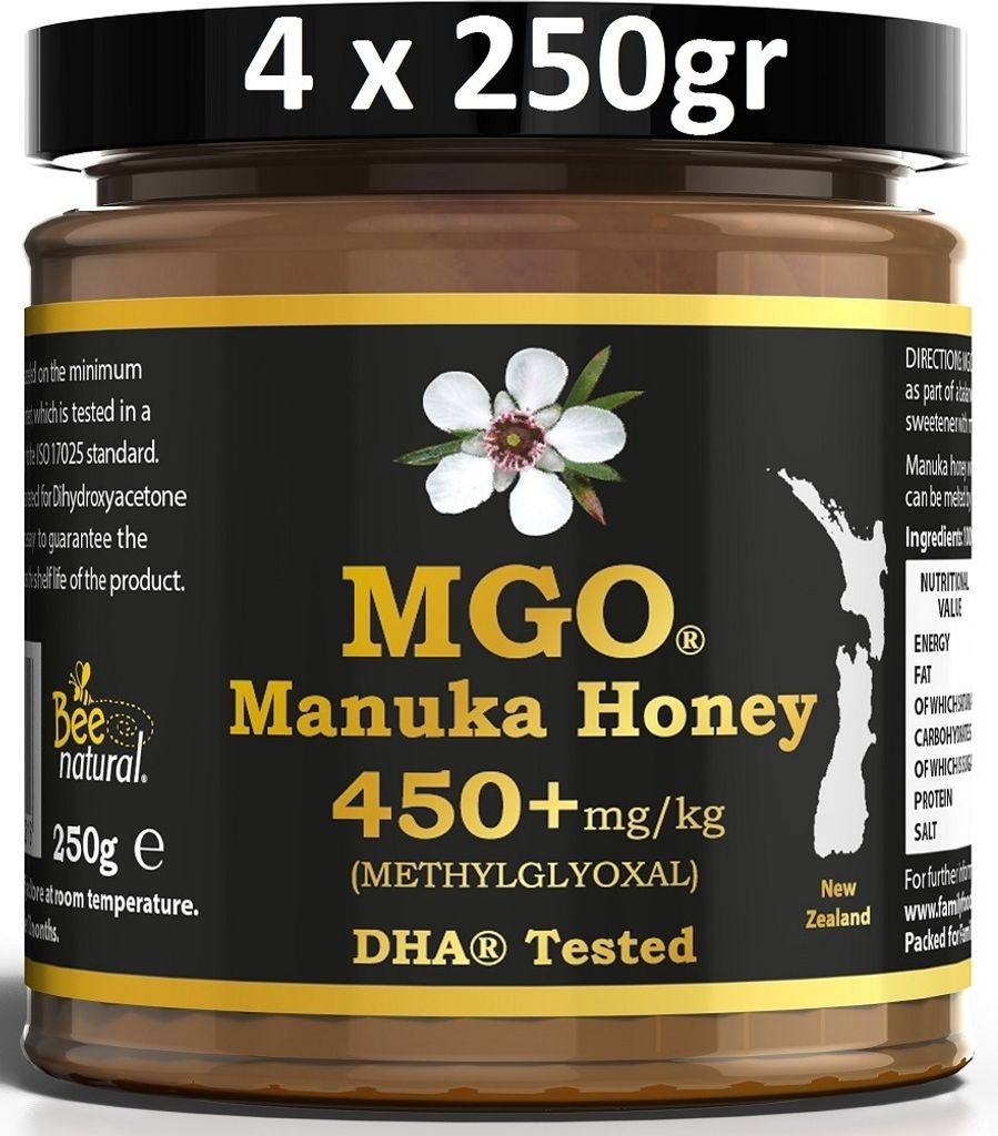 UMF BEE NATURAL MGO 450+ PREMIUM MONOFLORAL NEW ZEALAND MANUKA HONEY IN AN ECO-FRIENDLY REAL GLASS JAR MADE FROM UNCOLORED GLASS * 1000G (4x 250G)