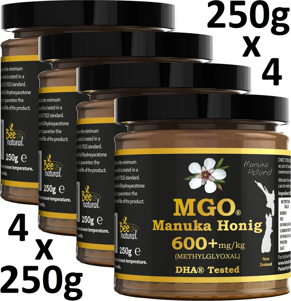 UMF BEE NATURAL MGO 600+ PREMIUM MONOFLORAL NEW ZEALAND MANUKA HONEY IN AN ECO-FRIENDLY REAL GLASS JAR MADE FROM UNCOLORED GLASS * 1000G (4x 250G)