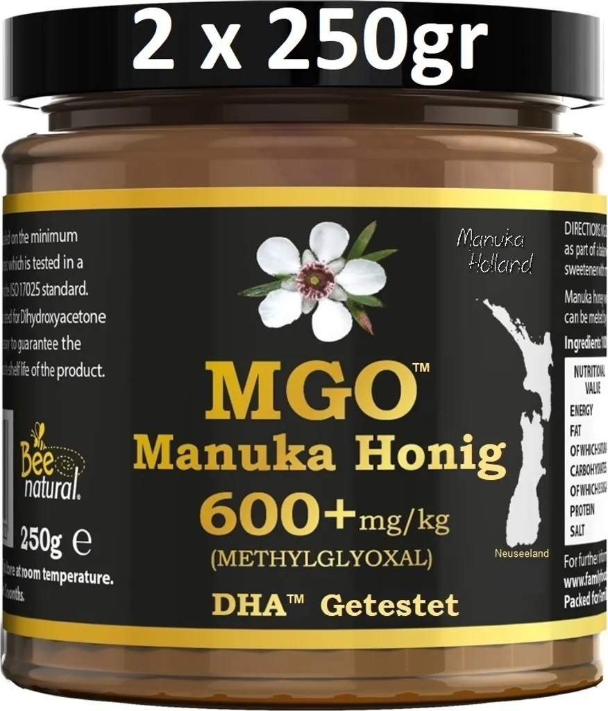 UMF BEE NATURAL MGO 600+ PREMIUM MONOFLORAL NEW ZEALAND MANUKA HONEY IN AN ECO-FRIENDLY REAL GLASS JAR MADE FROM UNCOLORED GLASS * 500G (2x 250G)