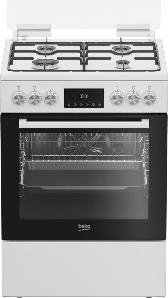 Beko FBM62320WDSL Freestanding Cooker, Multifunction Oven with Gas Hob, 72 l Oven Capacity, 4 Cooking Zones, 8 Heating Modes, Side Racks, Multifunction Display, White