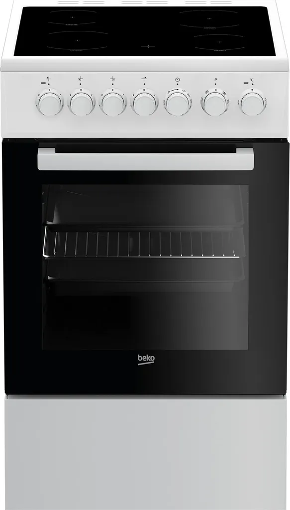 Beko FSM57100GW freestanding cooker with hob, residual heat indicator, and timer