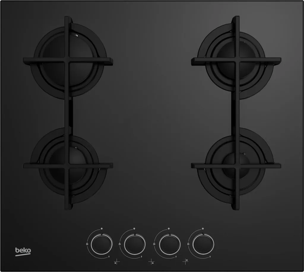 Beko HILG64225SB 60 cm gas hob, front controls, cast iron pan, 4 burners, black crystal glass