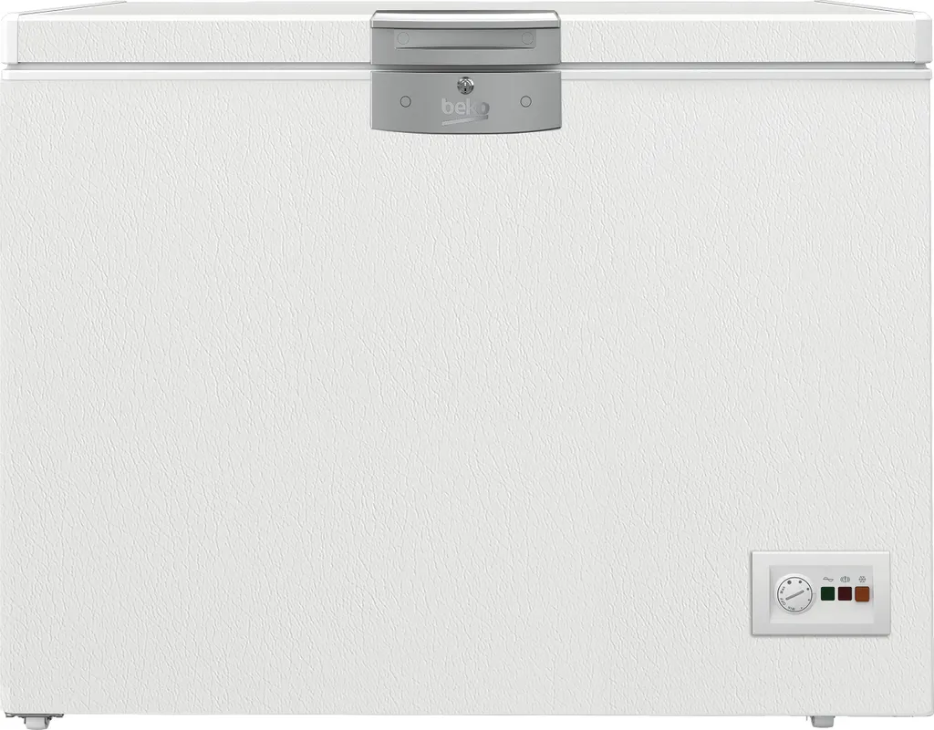 Beko HSM22340 Chest Freezer, 230 l net capacity, 2 freezer baskets, temperature alarm, lockable, LED display system, interior light, 35 dB(A), transport wheels, white