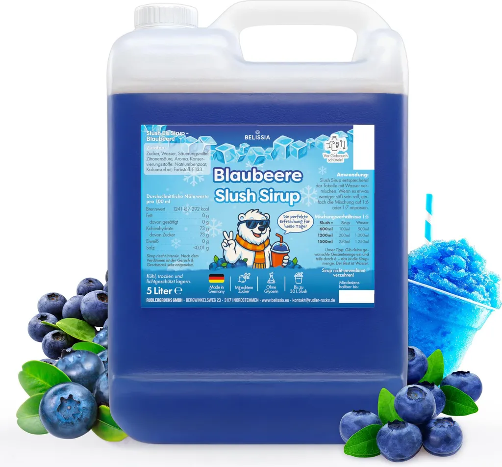 Rudler & Rocks Belissia Slush Ice Syrup 5L Concentrate | Blueberry Flavor | Highly concentrated in vibrant colors (1:5) | Glycerin-free 5000 ml