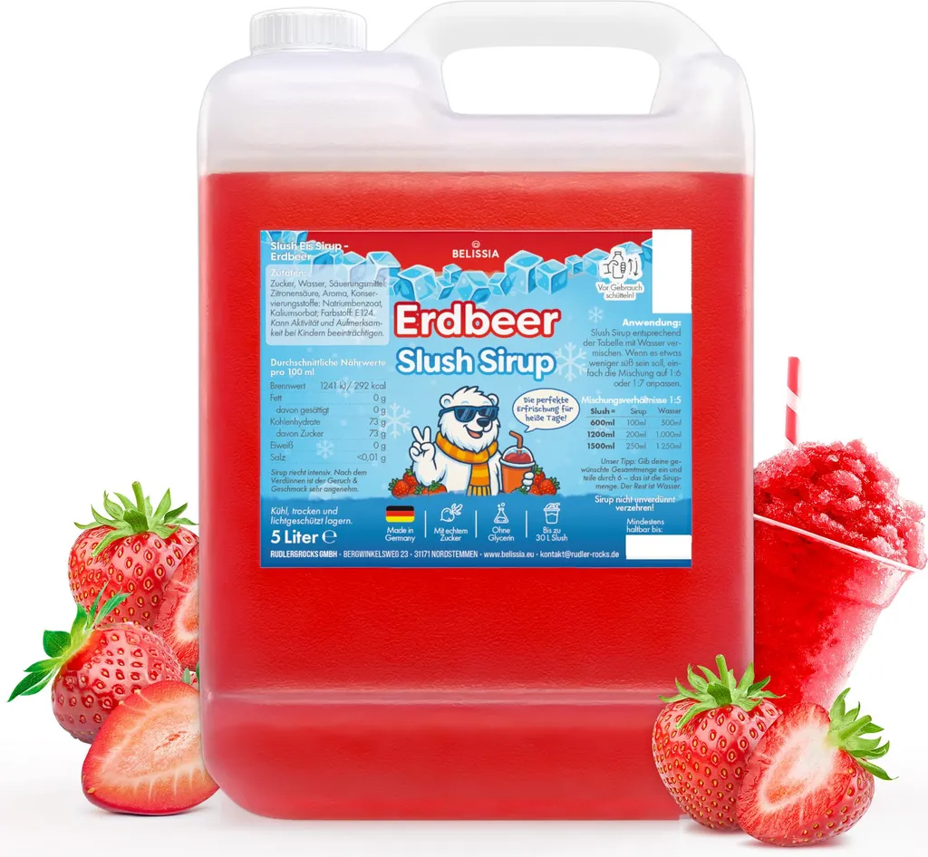 Rudler & Rocks Belissia Slush Ice Syrup 5L Concentrate | Strawberry Flavor | Highly concentrated in vibrant colors (1:5) | Glycerin-free 5000 ml